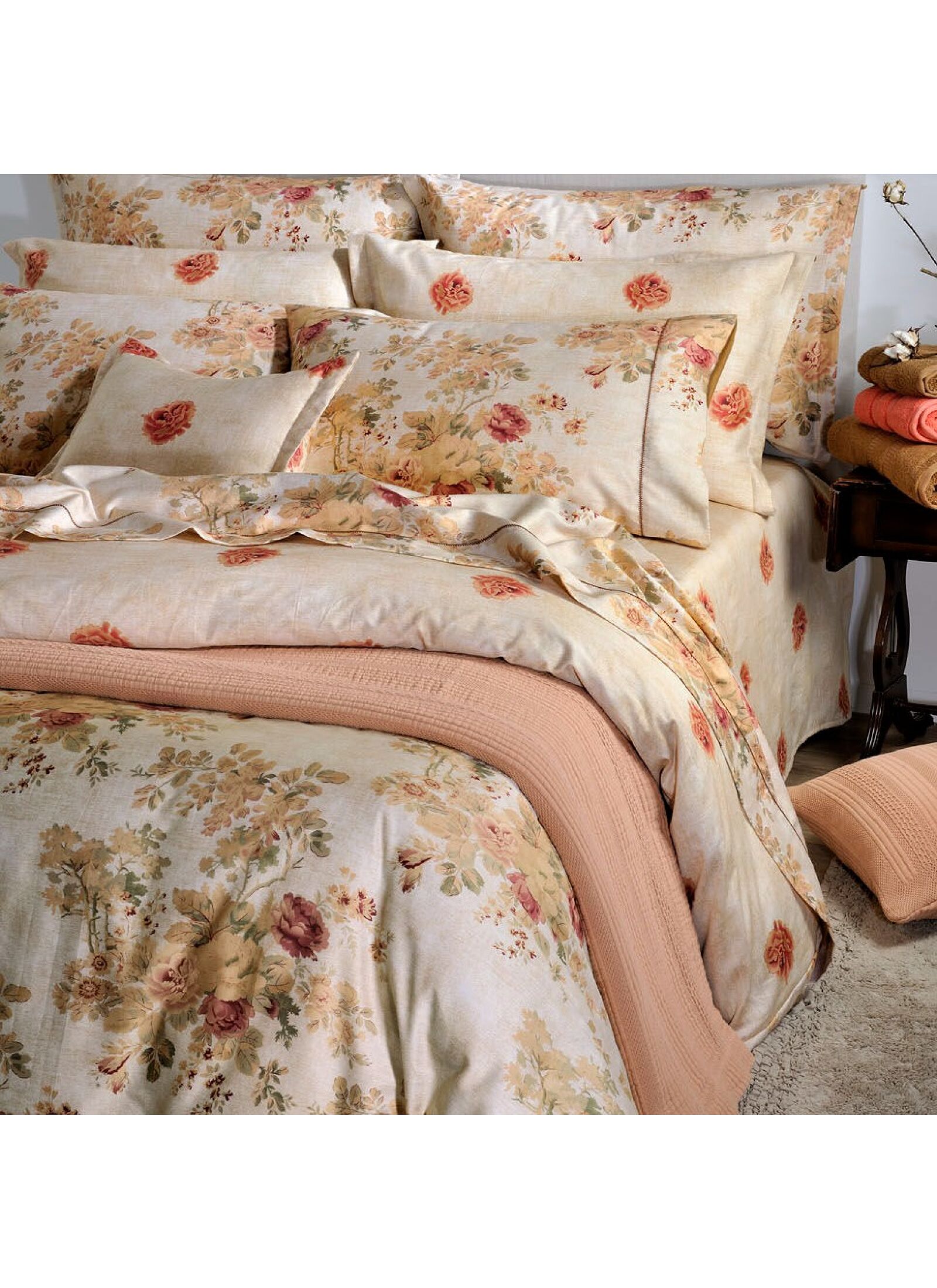 KING SIZE DUVET COVER SET ENGLISH FLOWER BEIGE (S885)