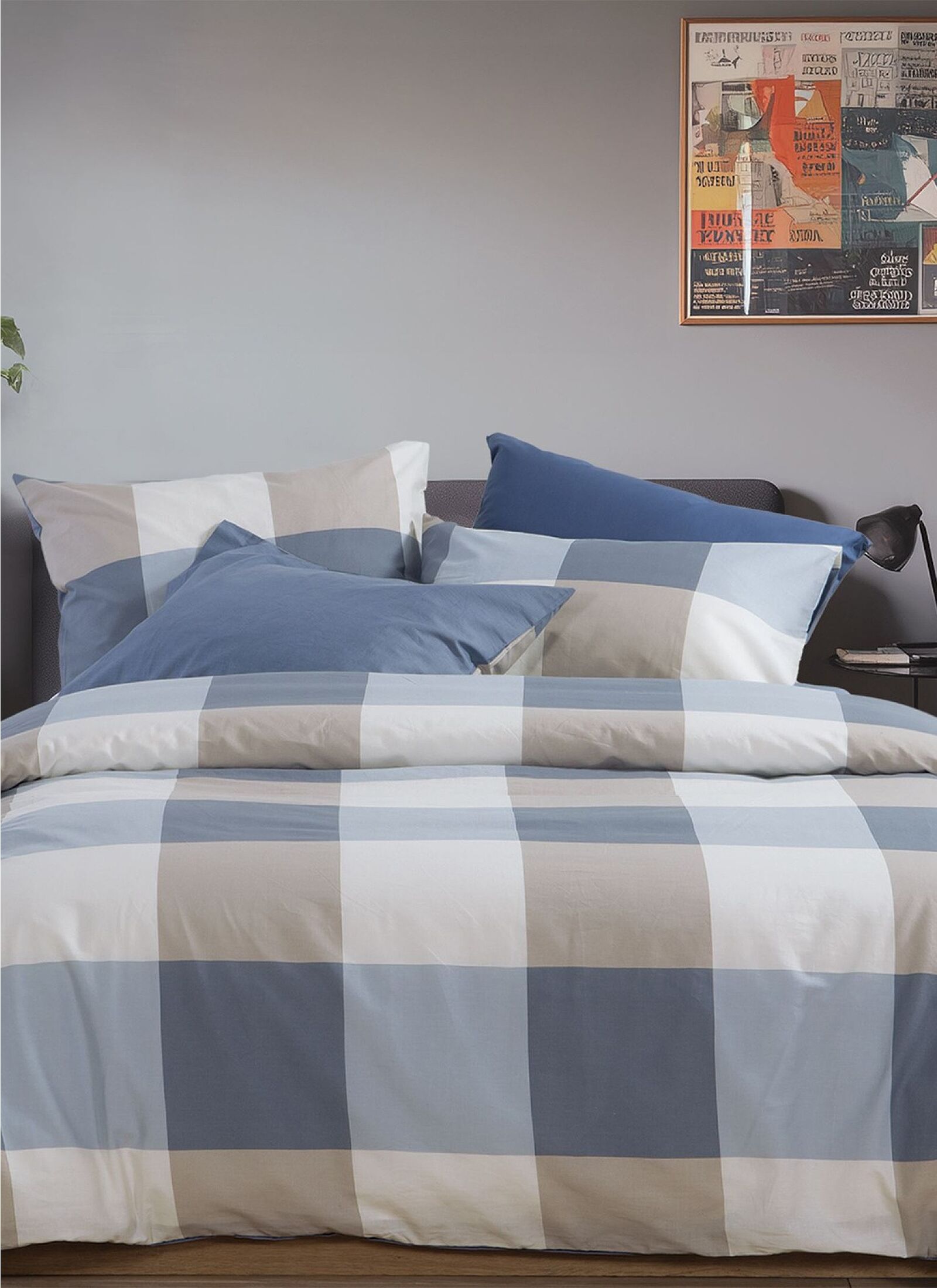 QUEEN SHEET SET CASUAL CHECK DENIM