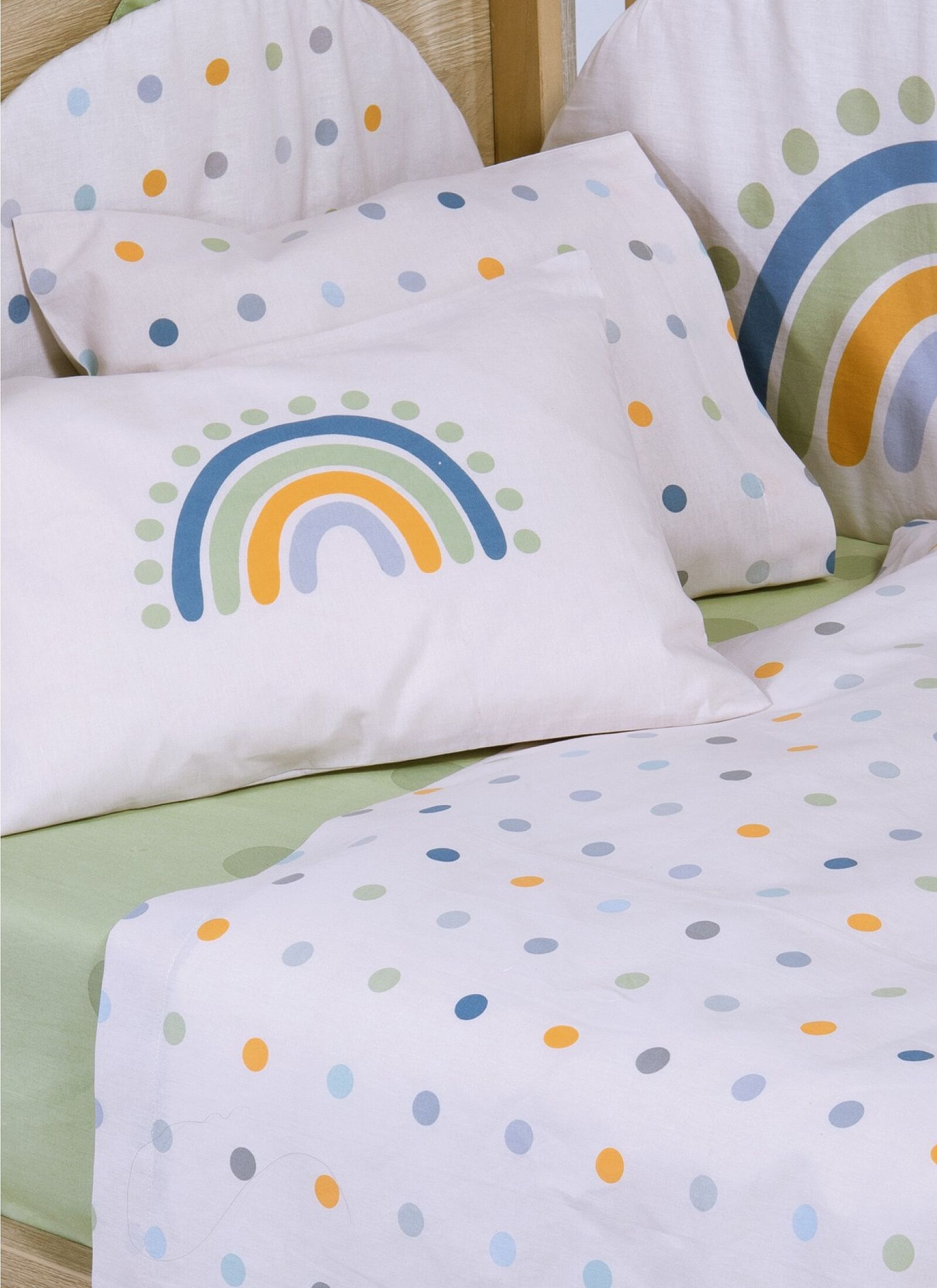 CRIB SHEET SET BABY DOTS ECRU GREEN