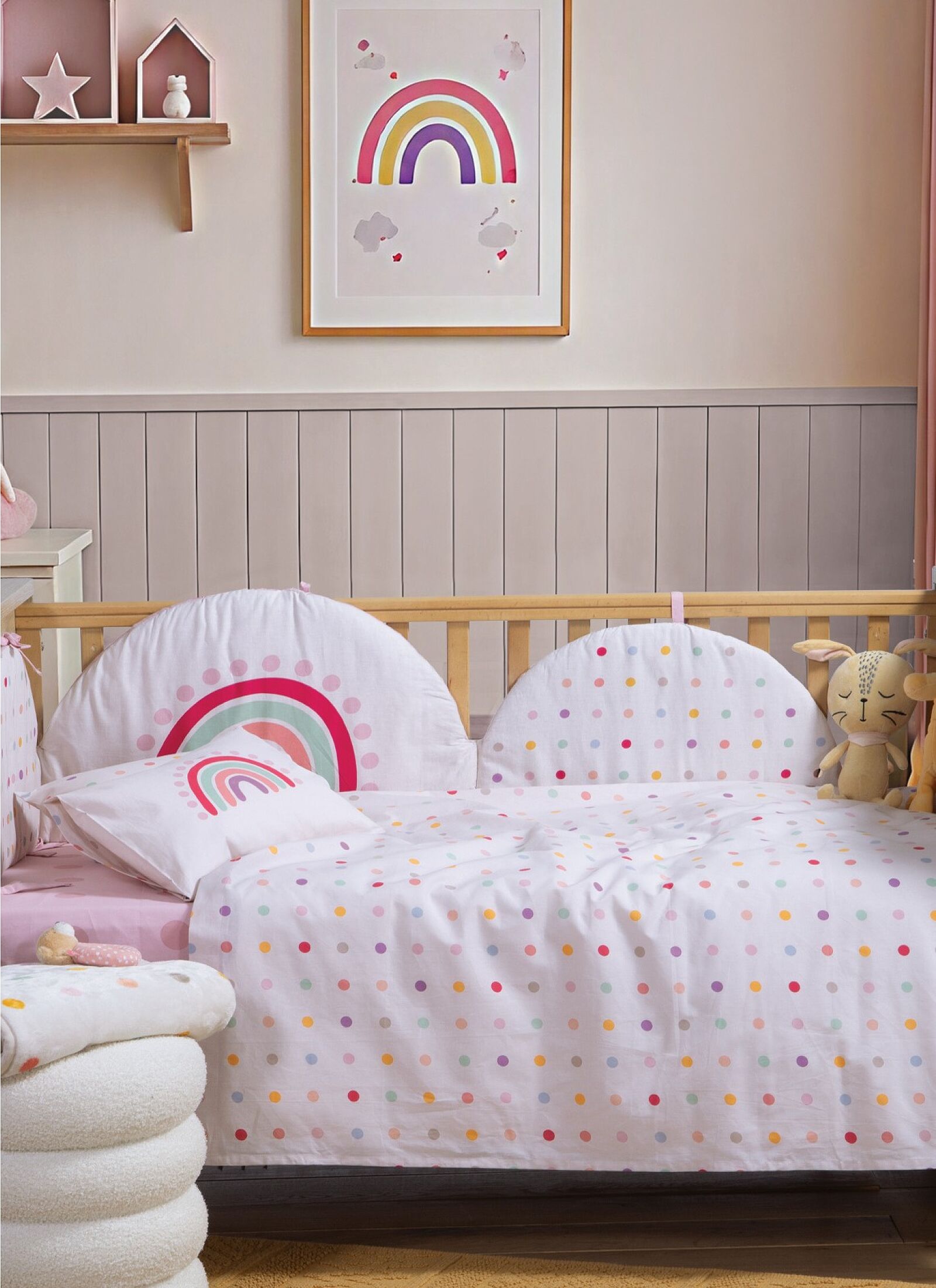 CRIB SHEET SET BABY DOTS ECRU PINK