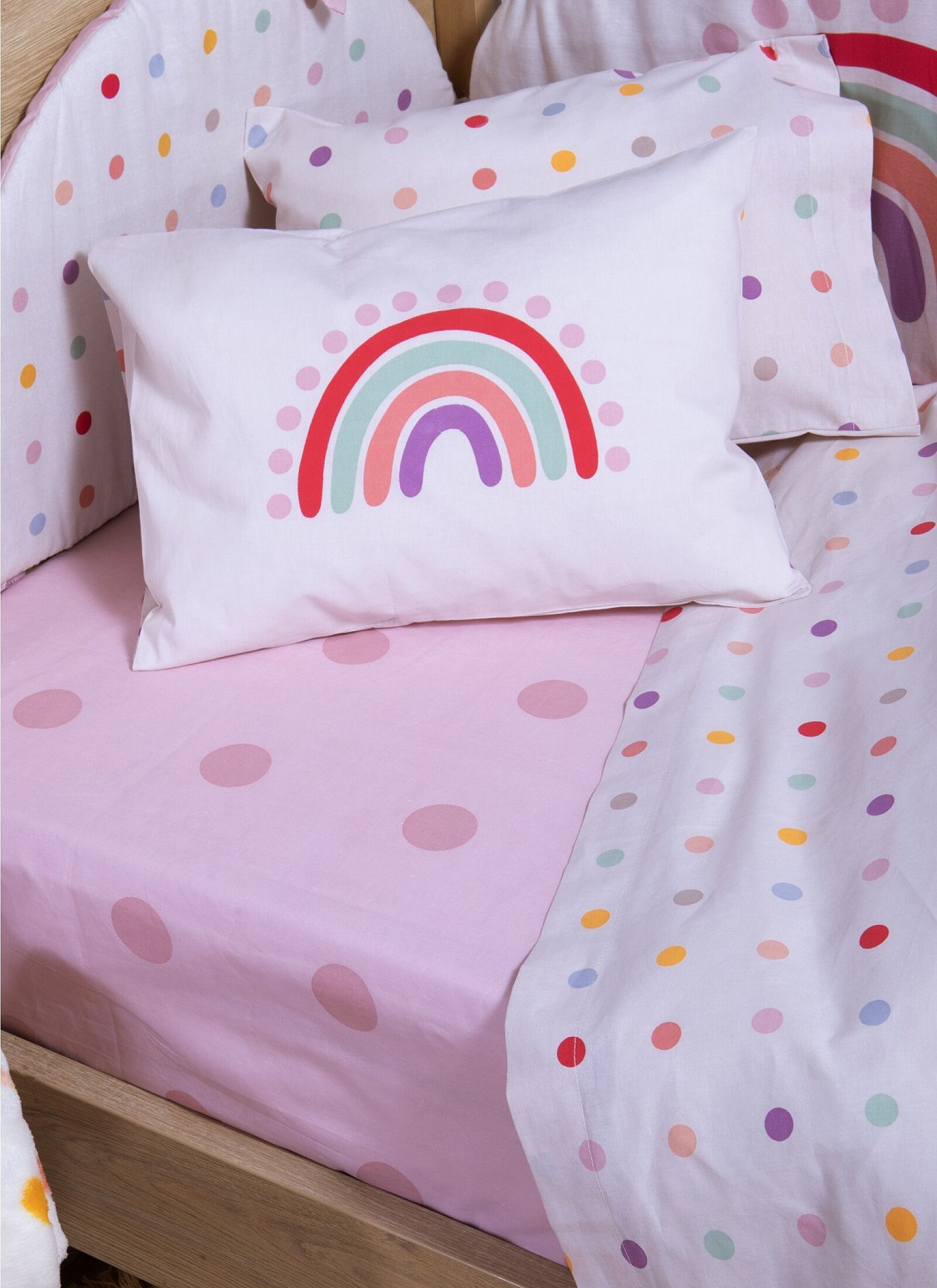 CRIB SHEET SET BABY DOTS ECRU PINK
