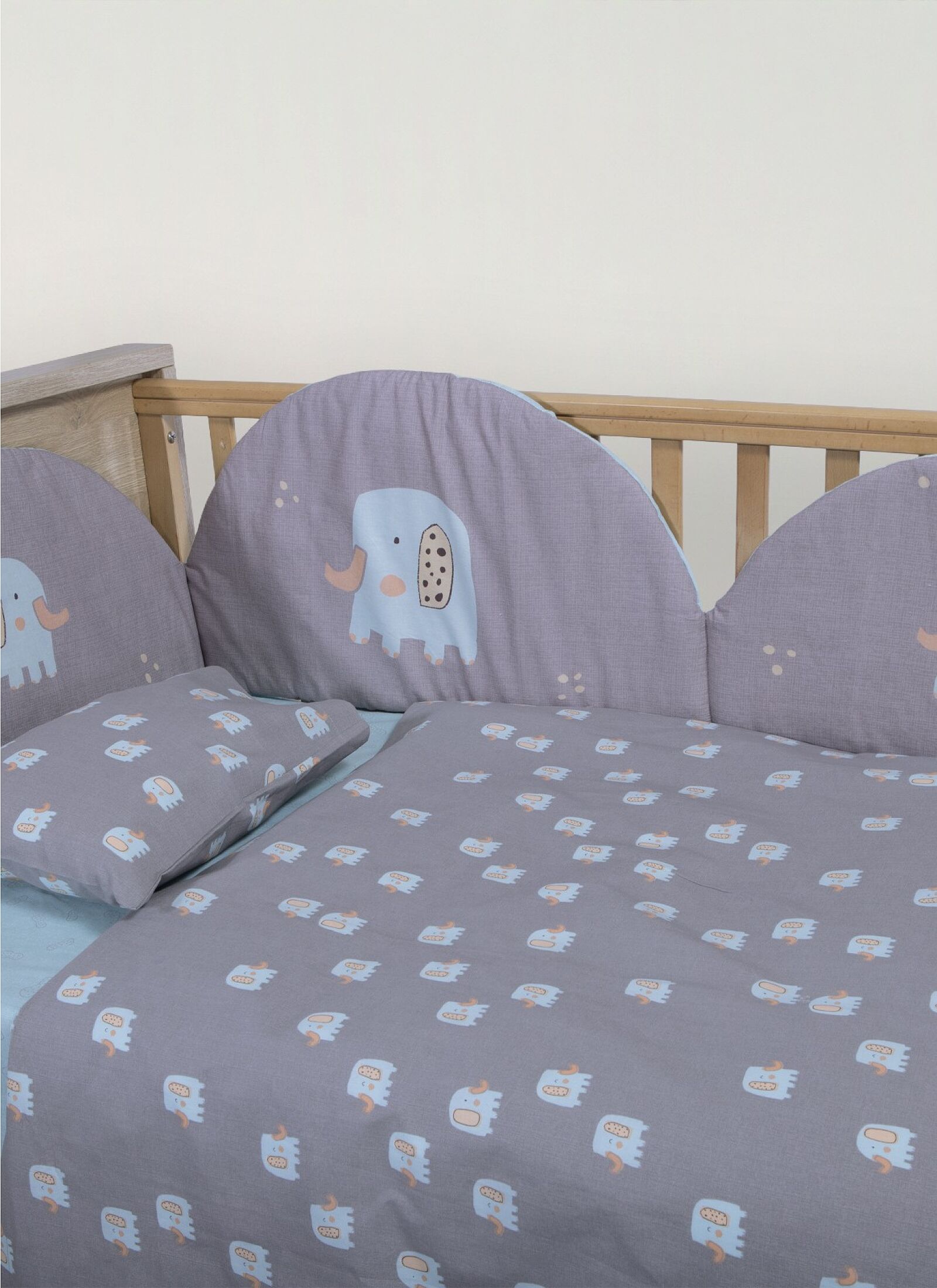 CRIB SHEET SET ELEPHANTS GREY