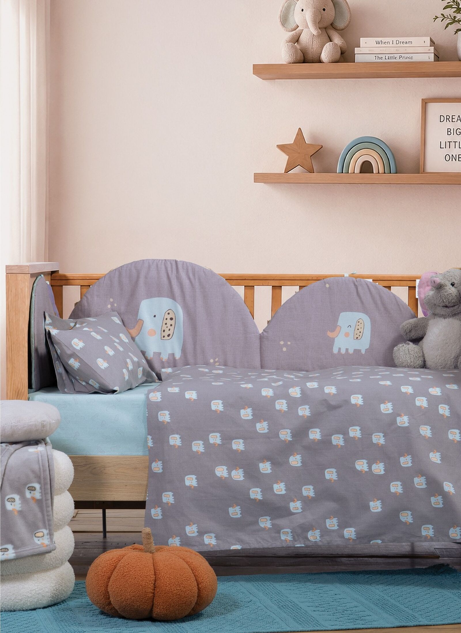 CRIB SHEET SET ELEPHANTS GREY