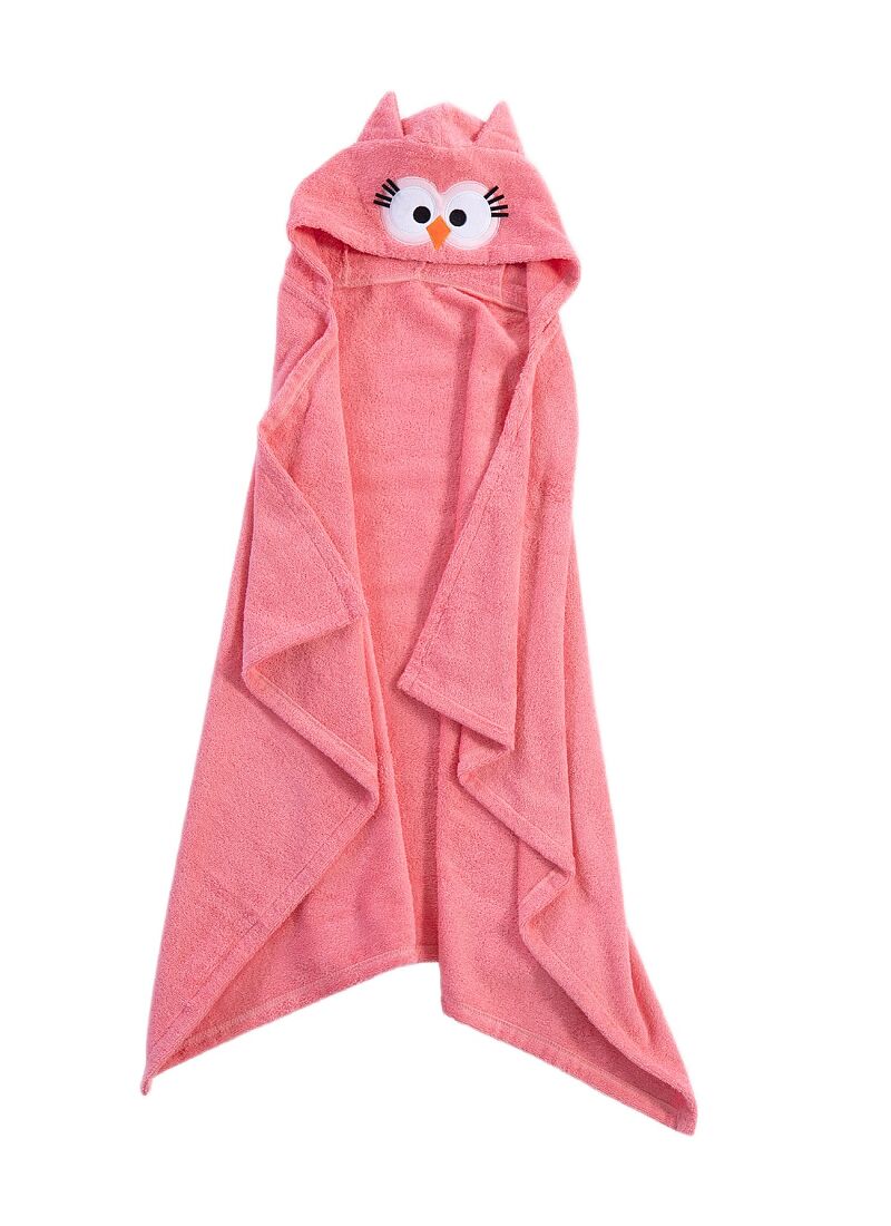 BABY CUDDLE N DRY TOWEL OWL FLAMINGO PINK