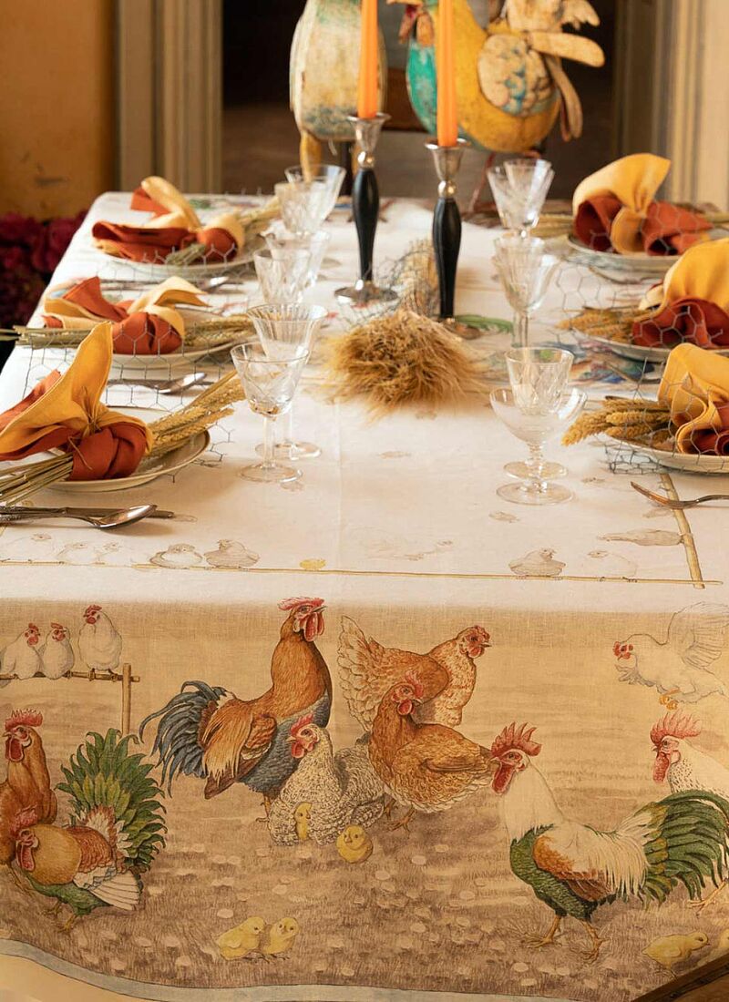 LINEN TABLECLOTH ROOSTER